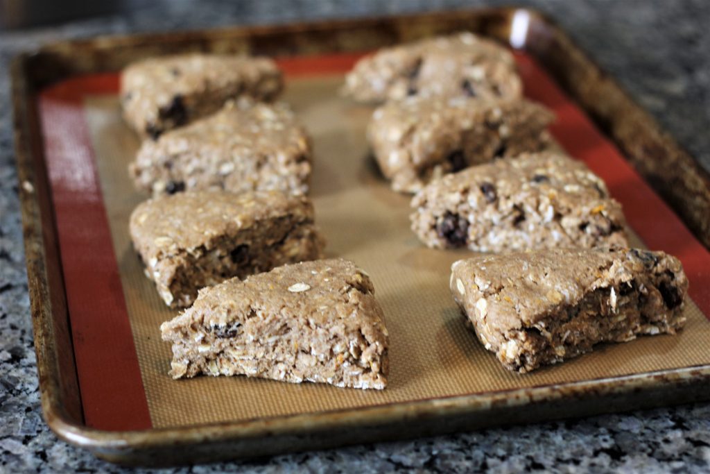 The scones on a baking sheet. 