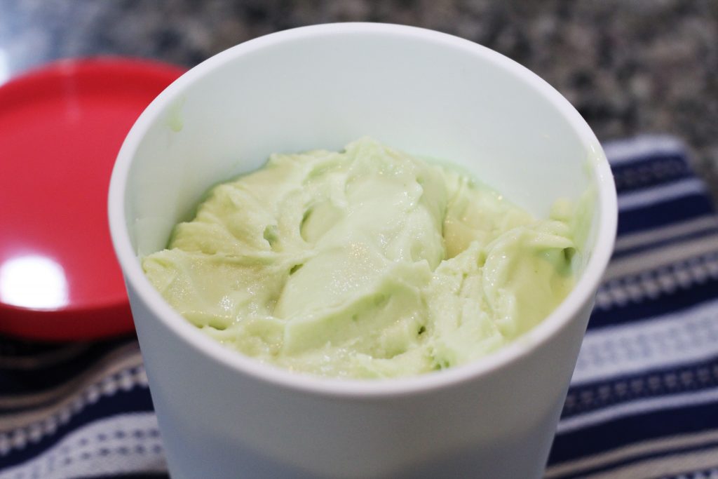 Ice cream in a reusable ice cream quart container. 