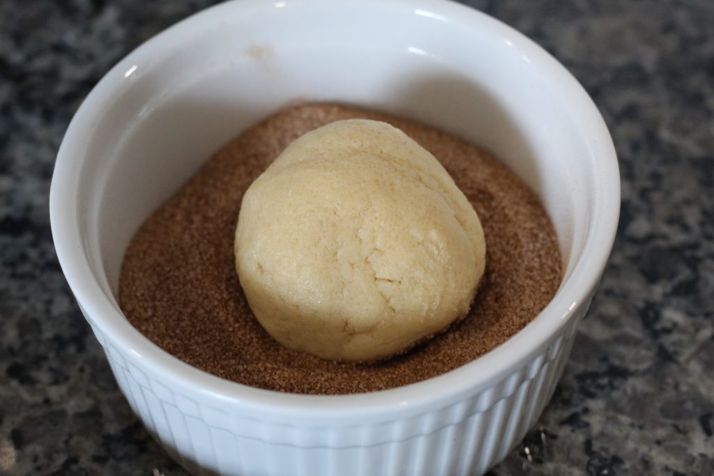 A rolled ball of dough in a container with the sugar-spice mix.