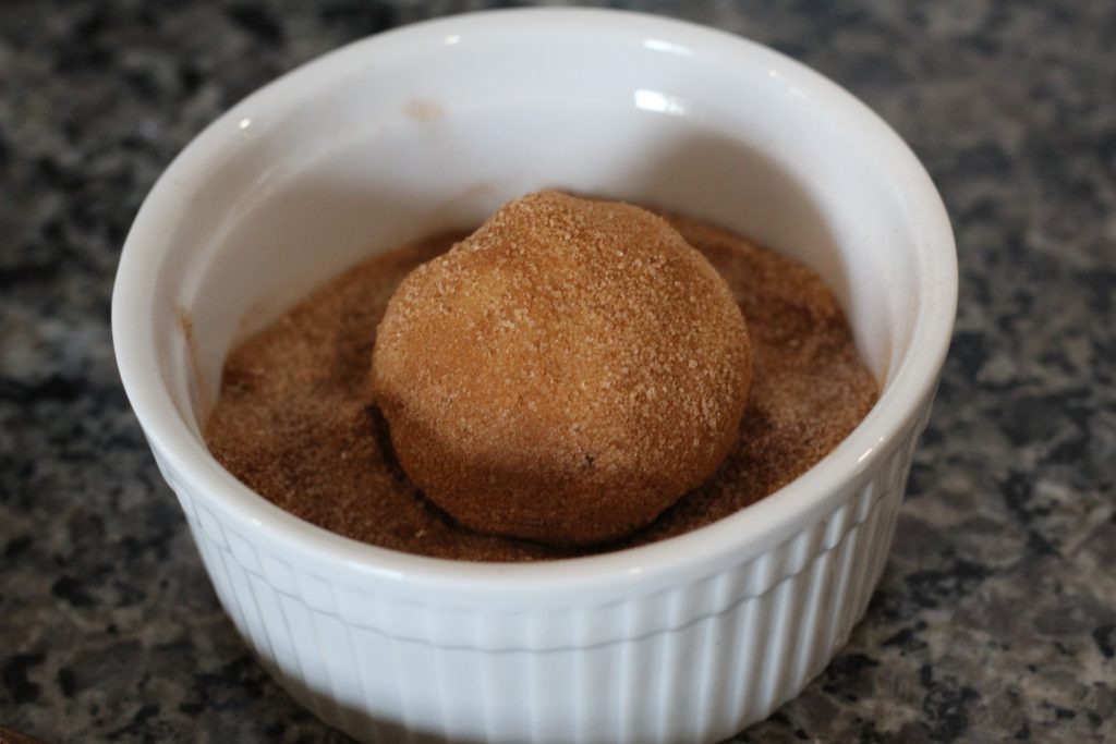 A rolled ball of dough in a container with the sugar-spice mix, now coated in the mix. 
