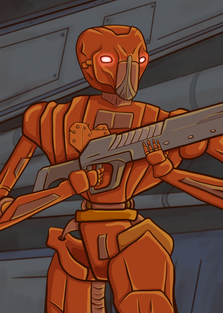 Hank is a copper HK series droid and is holding a large gun with his tiny "baby" hands. 