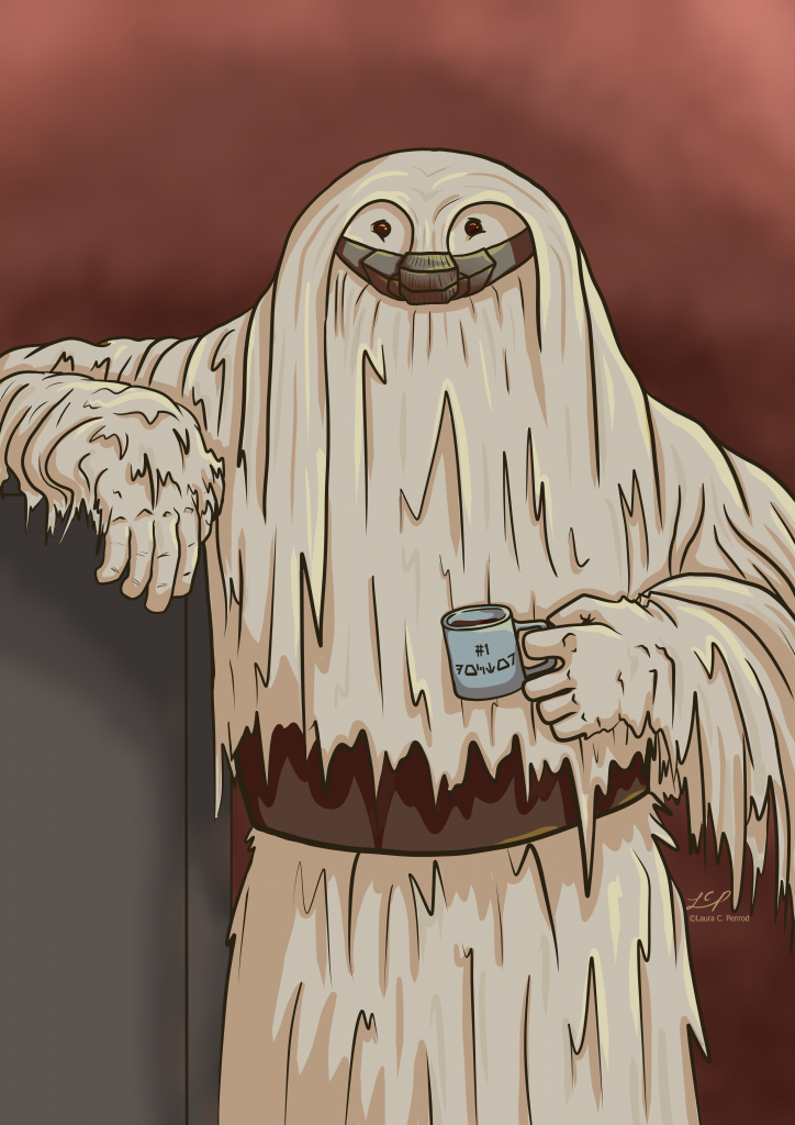 Tink, a cream Gigoran. He is leaning against a cabinet and holding a small coffee mug.