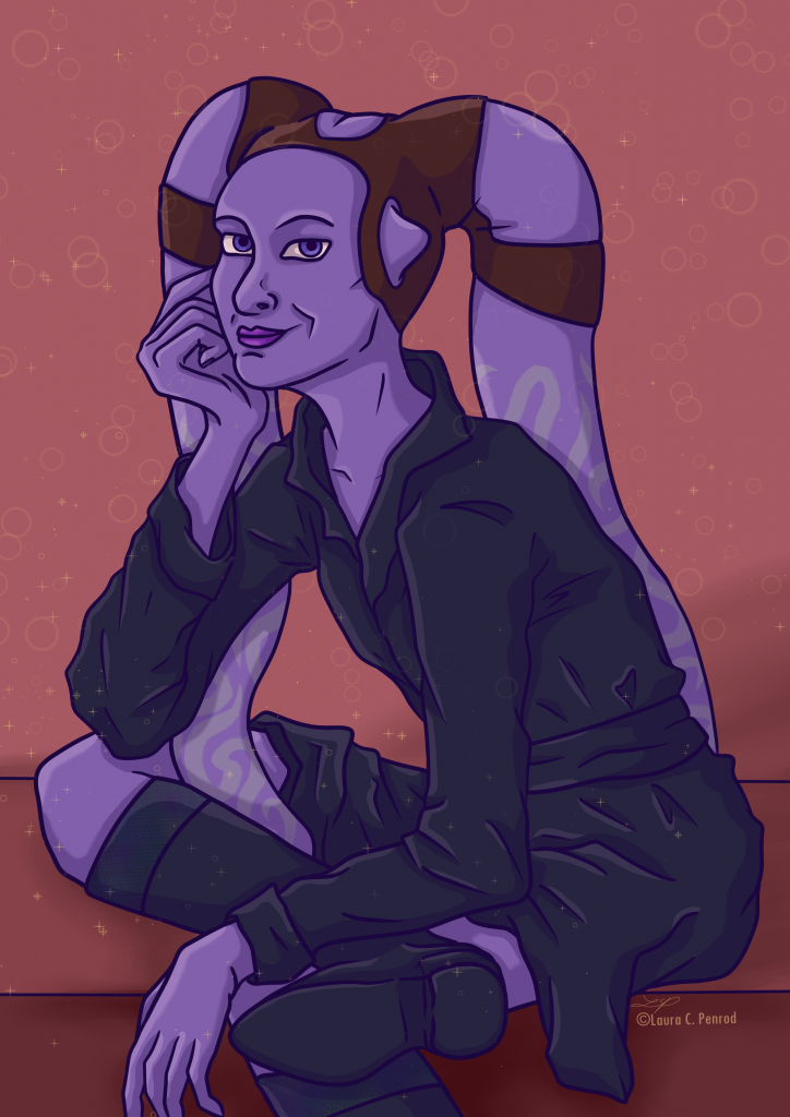 Xianna, a purple Twi'lek. She is sitting on a counter and wearing a black trench coat and knee high boots. 