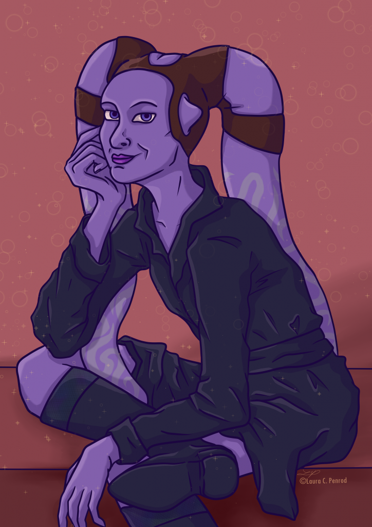 Xianna, a purple Twi'lek. She is sitting on a counter and wearing a black trench coat and knee high boots.