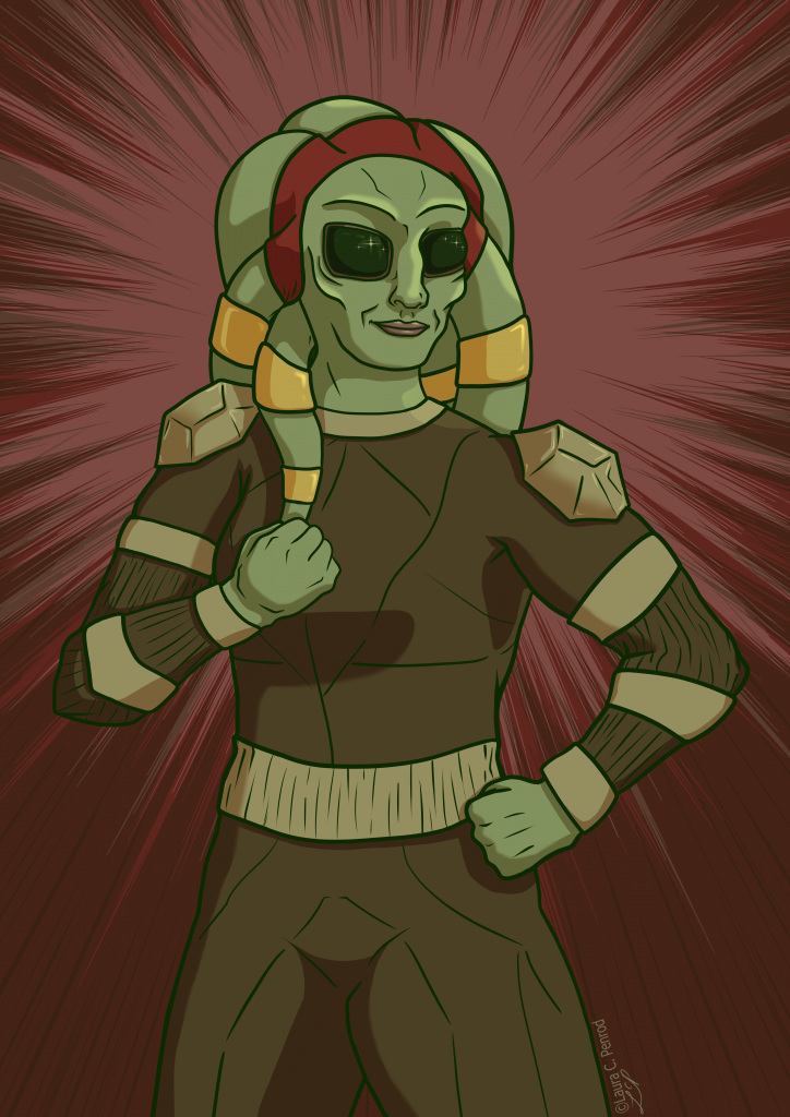 Karma, a green Nautolan wearing a red headband and an armored bodysuit. 