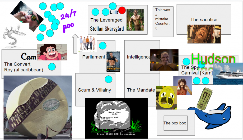 a shared digital tabletop space. In the middle are four boxes: Parliament, Intelligence, Scum and Villiany, and The Mandate. An image of Garak (a Star Trek alien) is added over Intelligence. A photo of The Situation from Jersey Shore, and clipart of an upwards arrow and people standing are next to The Parliament. An image of Lemongrab is added to The Mandate box. On the left is a box labeled Cam, the convert, Roy (al caribbean). a photo of Steven Universe has been added. Above that are blue circle tokens and a photo of someone smoking (toking), along with an image of Trogdor and the phrase 24/7 Poo. To the right right is a box labeled Lilit, The Leveraged, Stellan Skarsgard, with a photo of Alexander Skarsgard. To the side of that is a box that says "this was a mistake counter: 3". Top right corner is a box labelled The Sacrifice with a photo of actor Nic Cage in the WickerMan being attacked by bees. Below hat, on the right, is a box labeled Hudson, The Spy, Carnival (Karn), with a photo of a Carnival cruise ship. Bottom left corner is a clipart of a dolphin someone has added circles and a rectangle to to mimic a penis. Bottom middle is a screenshot from the old Oregon Trail video game of a tombstone. Bottom left is photo of a gigantic wheel of cheese. omg I think that's it. 